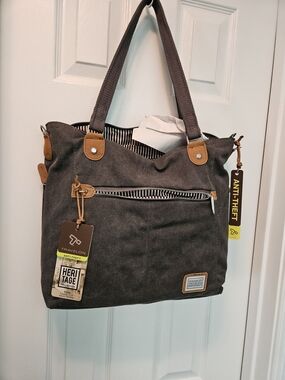 NWT Travelon Anti-Theft Heritage Canvas Tote in Charcoal with Tan Suede Accents
